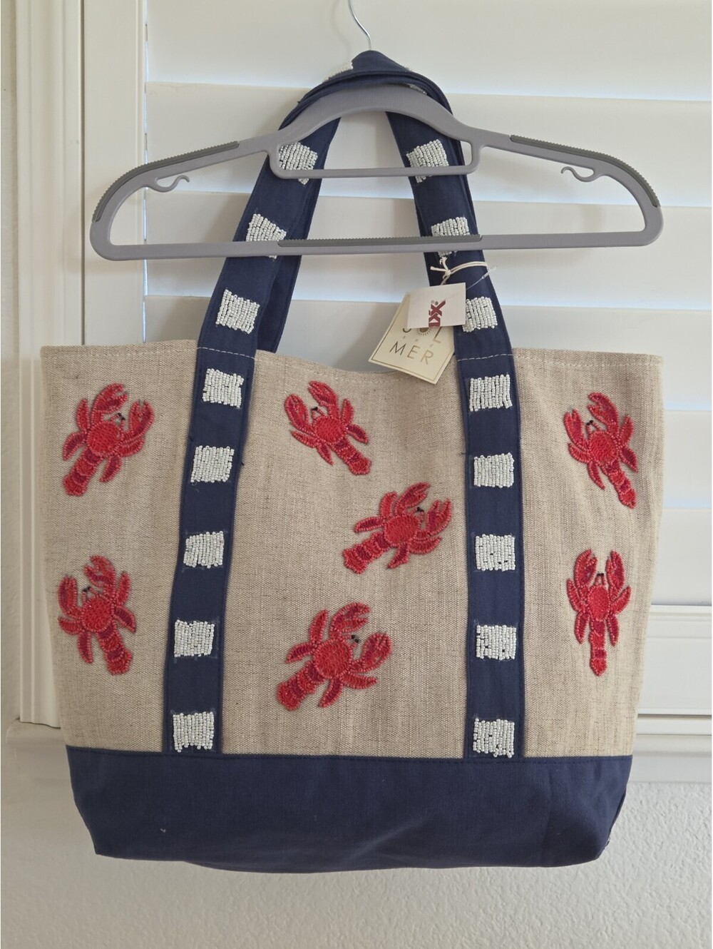 NWT Beaded Crab Tote Bag Navy Blue Linen Red Crab Coastal Beach Summer